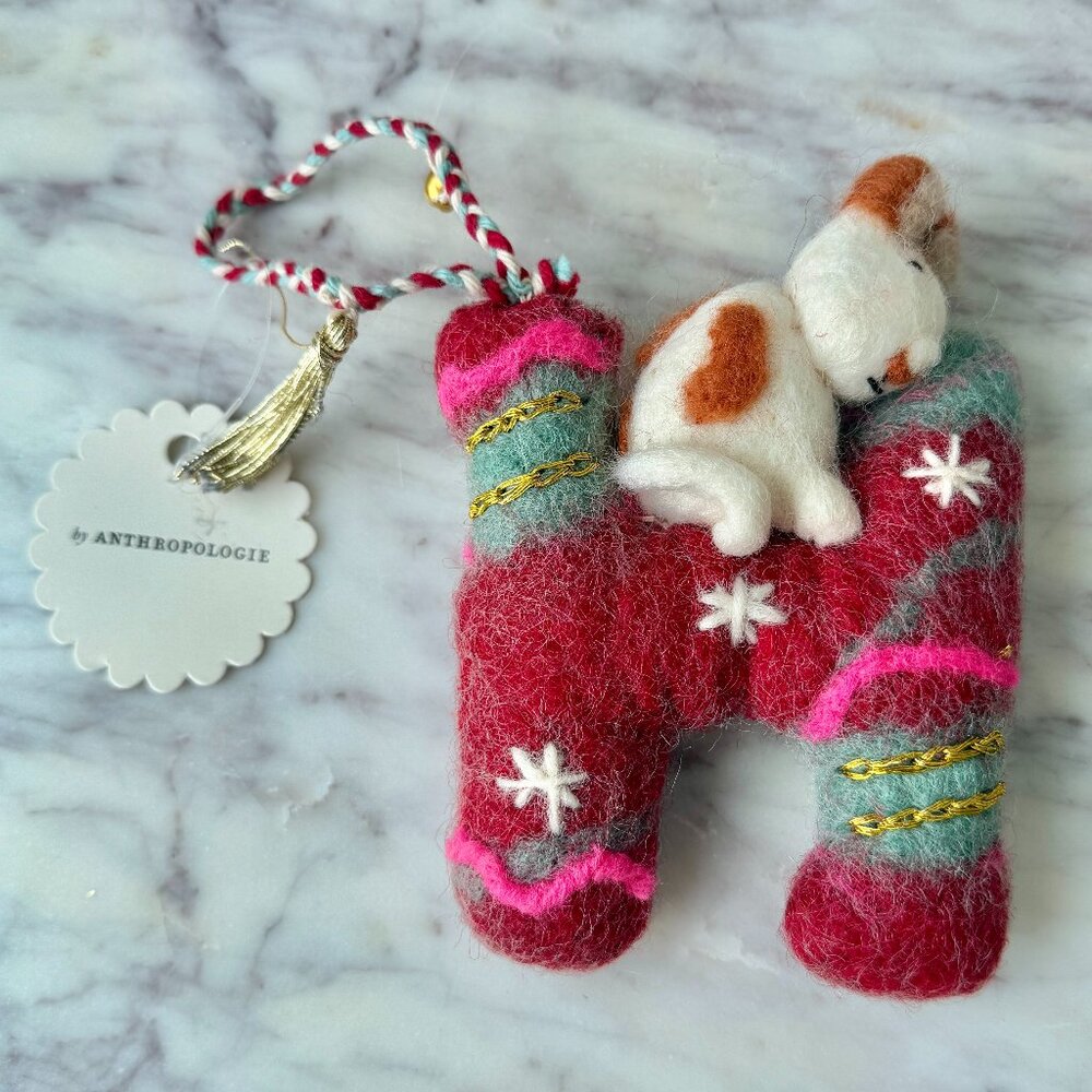 🐶 ANTHROPOLOGIE H Monogram Forest Friends Felt Christmas Ornament Dog
